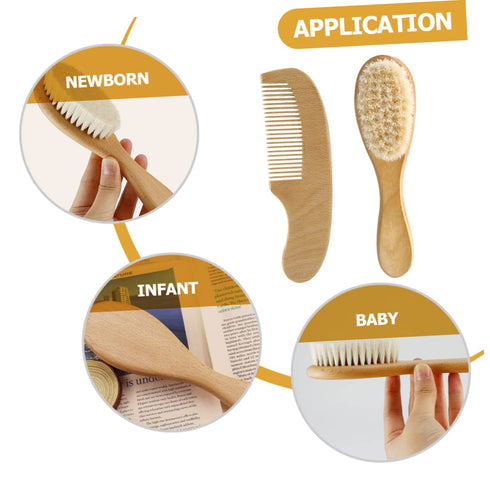 Set 3 Gentle Wooden Hair Brush for Newborns - Piece Natural Wool Comb