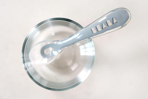 BEABA Toddler's Self-Feeding Spoon Set - Original Silicone Baby Spoons with Travel Case, Baby Essentials, Sage + Cloud
