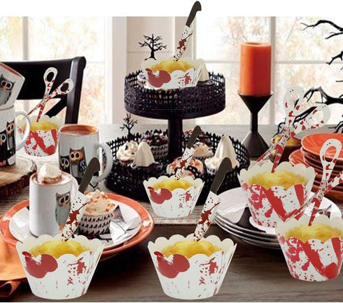 Halloween Cupcake Toppers & Wrappers, Horror Cake Decoration, Bloodstain Cake Knife, 12 Sets (24pcs)