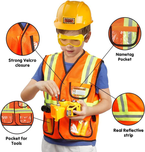 Construction Worker Costume for Boys, Toddler Builder Career Outfit for Pretend Role Play, Ages 3-7
