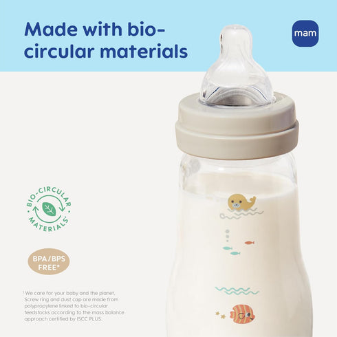 9oz 2+ 3 Pack MAM Premium Glass Wide Neck Baby Bottle with Medium Flow Breastfeeding-Like Silicone Nipple, Easy