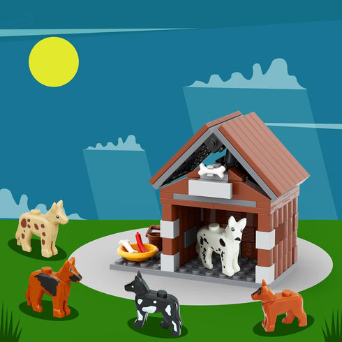 Farm Animals Dog House Building Blocks Set, MOC Animal Kennel Toy Set for Kids, 109 Pieces, Ages 8+