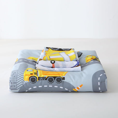 Set 4 Set Grey Construction Cars Toddler Bedding for Boys, Piece Reversible Lightweight Truck Highway Toddler Comforter