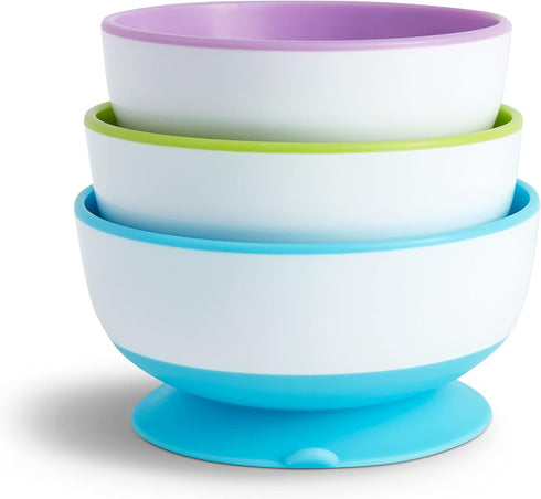 Munchkin Stay Put Suction Bowls, 3 Pack - Baby and Toddler, Blue/Green/Purple