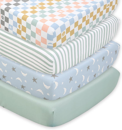 The Peanutshell 4-Pack Celestial Checkered Baby Crib Sheets for Boys Girls Gender
