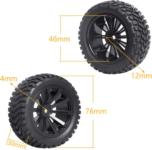 4Pcs 12mm Hex RC Wheels Tires Height 2.99 inch (76mm) for 1/10 On Road and 1/14 1/16 1/18 Scale Models Cars Truck Buggy with Foam Inserts