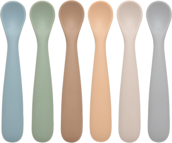 6 Pack First Stage Silicone Baby Feeding Spoons, Soft Tip Utensils for Baby Led Weaning, Dishwasher Safe