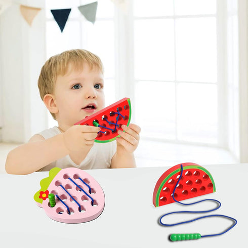 Wooden Lacing Toys for Toddlers, Baby Strawberry Threading Toys for Learning Fine Motor Skills, Montessori Educational