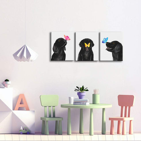 3 12"x16"x3 KLVOS Dog Animal Wall Art for Nursery Room Butterfly on Dog Nose Kids Bed Room Wall Decor Panel Black