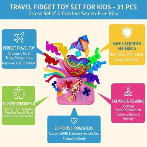NAMUWASAE Set 31Pcs Travel Fidget Toy for Kids Sensory Kit for Stress Relief Creativity Mess Free Screen Free Play