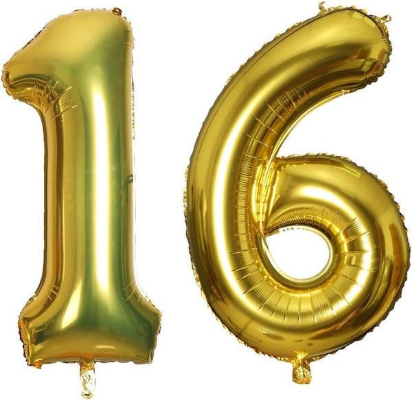 40 Inch Jumbo Number 16 Gold Balloon for Birthday Party Celebration Decoration, Sixteen Foil Helium Balloons