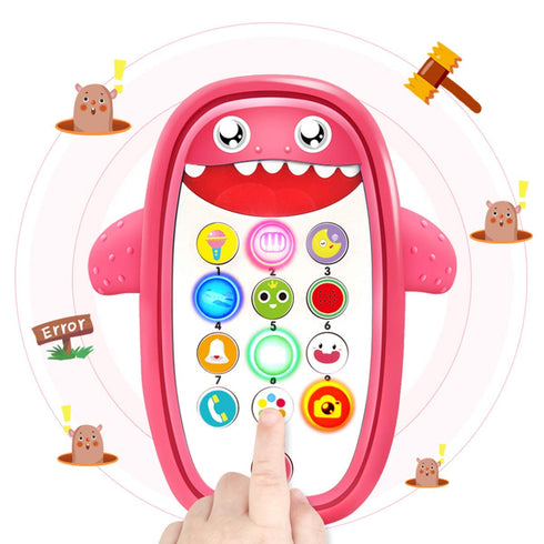 Baby Shark Cell Phone Toy with Removable Teether Case, Light, Music & Adjustable Volume for Kids 0-6 Months (Red)