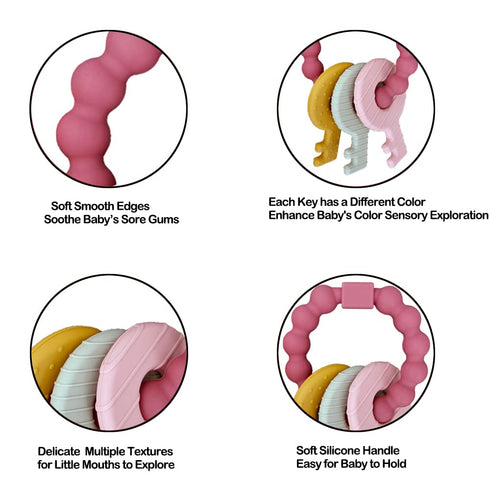 Baby Teething Keys Toys for 3 to 12 Months, Soft & Raised Texture Teether Toys for Baby Girl, BPA Free (Pink)