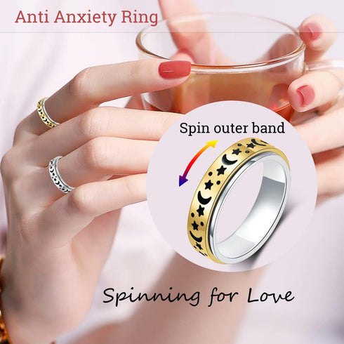 OreilleStar Anxiety Ring for Women Fidget Ring Stainless Steel Fidget Toys Adults Spinner Rings Gold Silver Moon Star