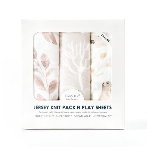 Stretchy Ultra Soft Jersey Knit Fitted Pack n Play Sheets, 3 Pack, Beautiful Blush Pink Floral
