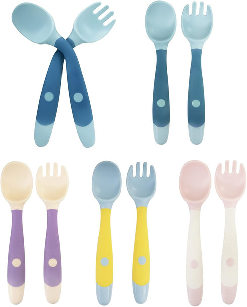 Toddler Utensils Set, 10 Pcs with Bendable Handle, 5 Forks and 5 Spoons, Silicone Baby Feeding Set for Self Feeding