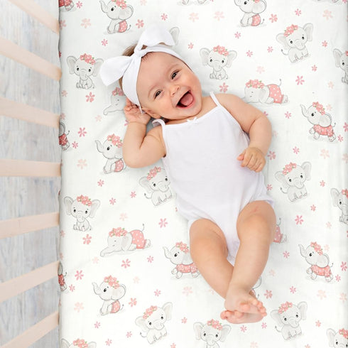 FIGEPO 4 Pack Set Baby Girl Crib Sheets Soft Fitted Floral or Elephant Theme Baby Girl Mattress Covers Breathable