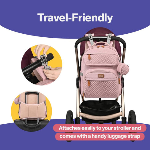 BabbleRoo Pink Diaper Bag Backpack, Travel Backpack with Changing Pad, Pacifier Case & Stroller Straps, Multifunction,