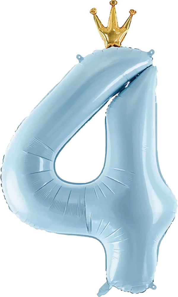 Number 4 Balloon with Crown, 40 Inch Large Blue Balloons for 4th Birthday Party Decorations Supplies Sign Decor