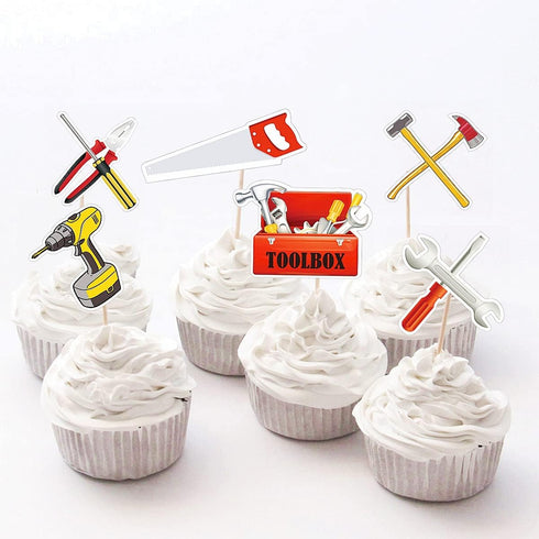 The DaPai 24 Pack Toolbox Hammer Tools Themed Cupcake Toppers Cake Decorations Handyman Plier Screwdriver Drill Wrench