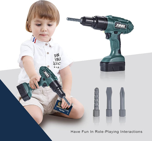 Electronic Power Drill Toy Tools - Kids Tool Set for Pretend Play with Realistic Light, Sound & Action