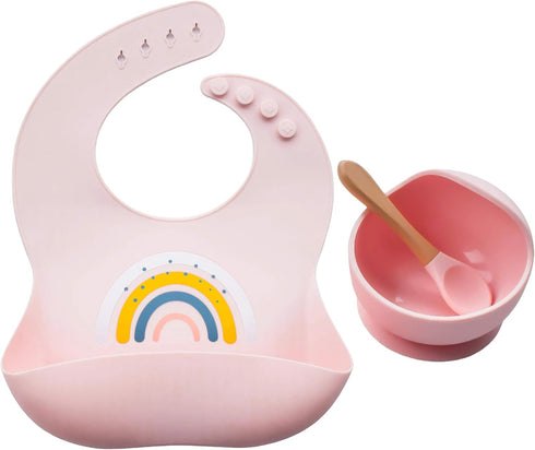 Silicone Rainbow Baby Bibs & Suction Bowl Set - BPA-Free Adjustable Bib with Food Catcher + Premium Utensils (Pink)