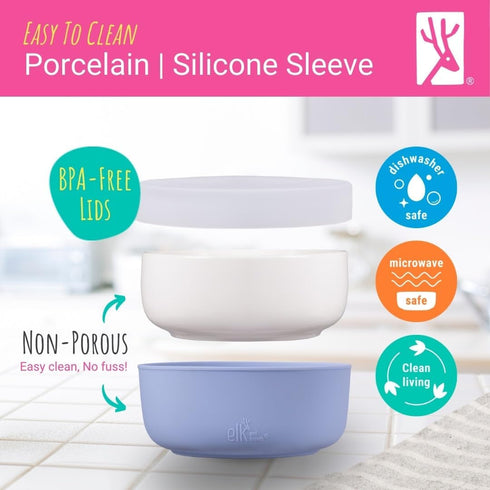 Elk and Friends Kids Porcelain Bowls with Silicone Sleeve + Silicone Lid | Kids/Toddler/Baby Feeding | Microwave