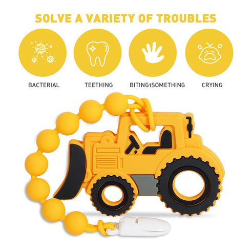 3 (Bulldozer) Baby Construction Vehicles Teething Toys,Food Grade Silicone Teether with One-Piece Pacifier Clip