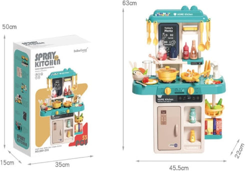 Kitchen Playset Pretend Food Kit by Serena&Jewel - 53 PCS Toy Accessories Set with Real Sounds & Light, Blue