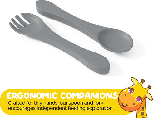 Set, 6 Baby Feeding Piece - Pebble Gray - Includes Suction Bowl, Plate, Silicone Bib, Spoon, Fork for Toddlers & Kids
