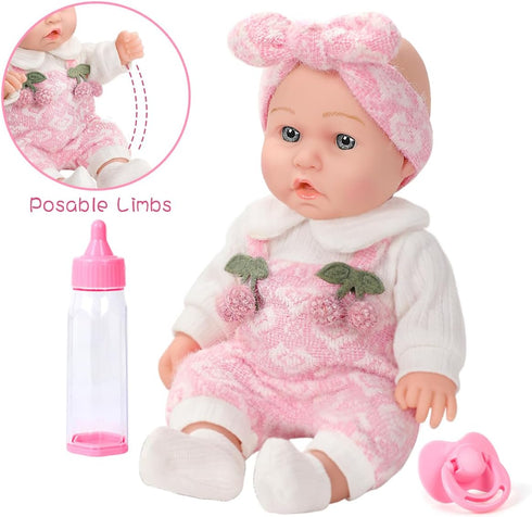 ZNTWEI 12'' Playset 3+ Baby Doll in Gift Box with Pink Cherry Pattern Clothes Accessories,Pacifier,Feeding Bottle.First