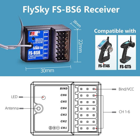 GoolRC Flysky FS-BS6 Receiver, 2.4Ghz 6CH AFHDS2 Compatible with Flysky FS-GT5 FS-IT4S RC Transmitter