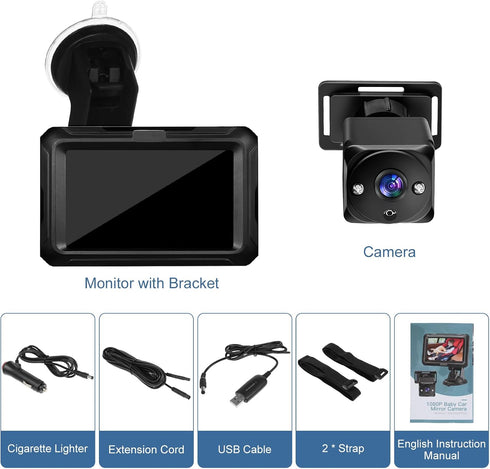 Generic 1080P 360 2 Baby Car Camera with Night Vision Full HD Monitor for Infant Safety, Rotation for Newborns USB Plug