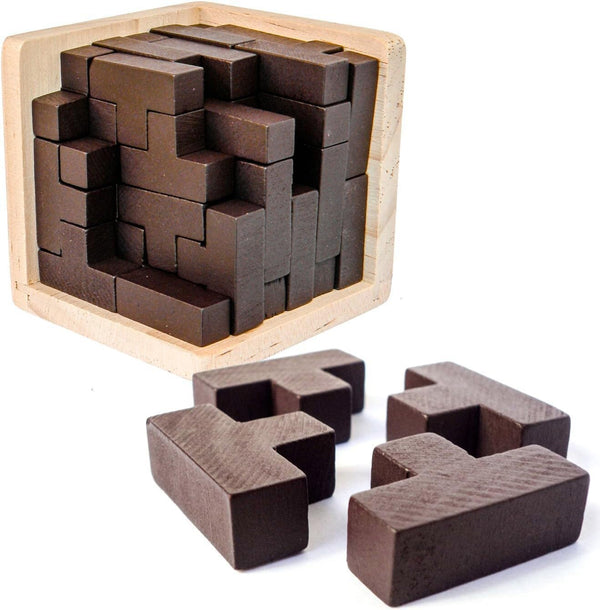 Original 3D Wooden Brain Teaser Puzzle, Engaging 3D Puzzle Box for Kids 8-12 & Adults, Brown