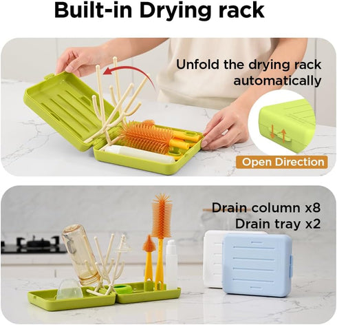 VOGOGE Travel Bottle Brush with Portable Bottle Drying Rack, Baby Bottle Brush for Baby Travel Essential, Green