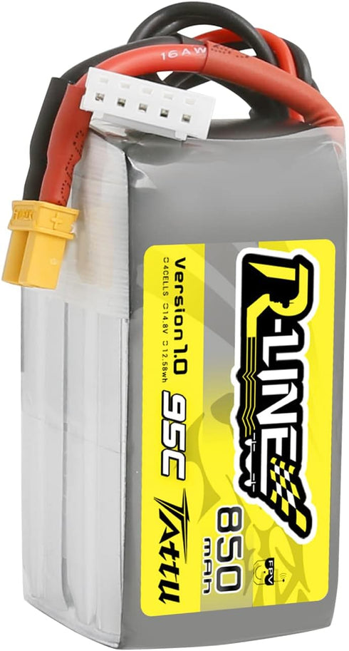 Tattu R-Line 850mAh 14.8V 95C 4S LiPo Battery Pack with XT30 Plug for Multirotor FPV, Size 100 to 180