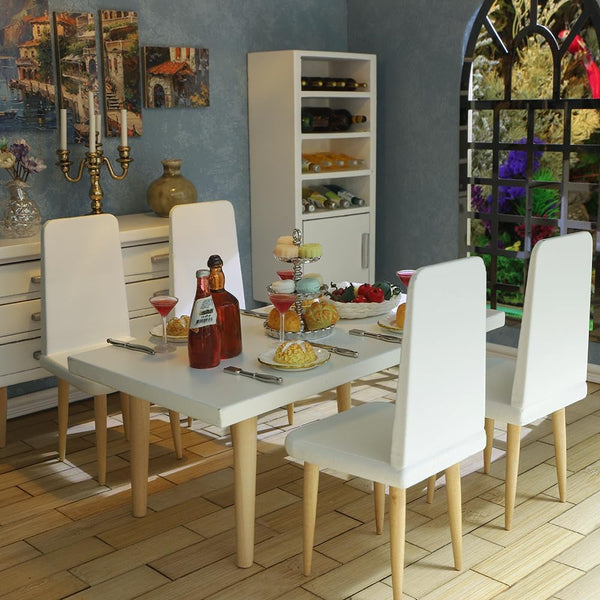 iLAND Dollhouse Furniture 1/12 Scale Dining-Room, Wooden Miniature Table Chair & Cabinet (8pcs)