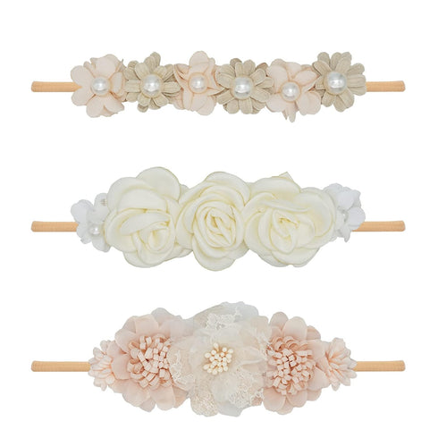 Baby Girl Flower Headbands Set - 3pcs Elastic Nylon Floral Hair Bands, Bows Wrap for Infant Newborn Toddler