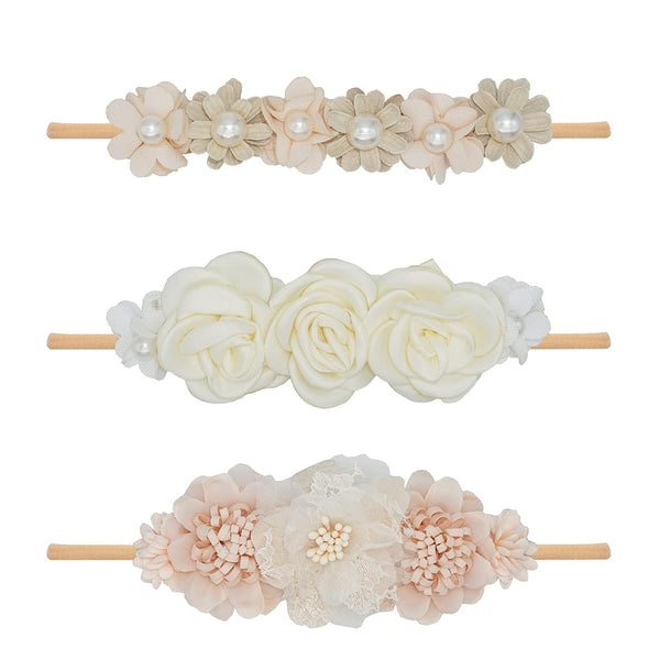 Baby Girl Flower Headbands Set - 3pcs Elastic Nylon Floral Hair Bands, Bows Wrap for Infant Newborn Toddler