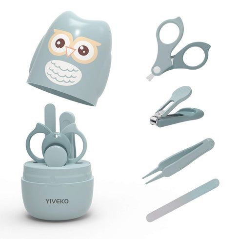 Baby Nail Kit - 4-in-1 Baby Nail Care Set with Clipper, Scissor, File & Tweezer, Cute Case for Newborns (Owl Blue)