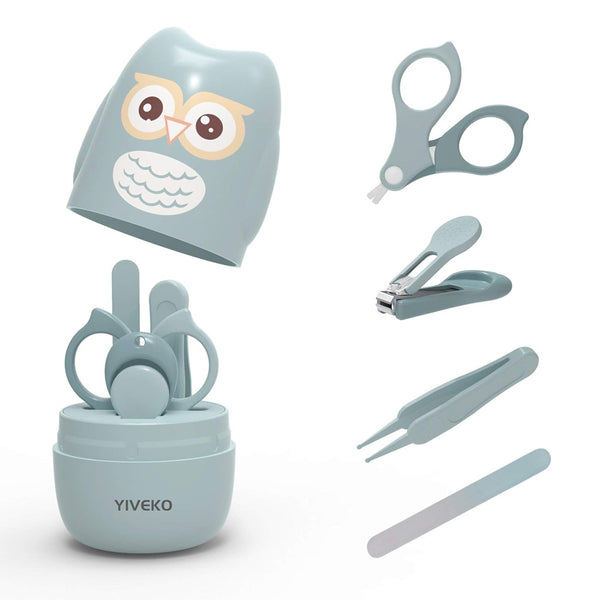 Baby Nail Kit - 4-in-1 Baby Nail Care Set with Clipper, Scissor, File & Tweezer, Cute Case for Newborns (Owl Blue)