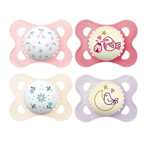 MAM 9 oz. 4 Pack 0-6M 4-Pack Easy Start Matte Deco Girl with Bonus Nipple + Original + Night Girl Pacifiers