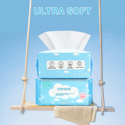 6 Packs (600 Count) HAPPY BUM Dry Baby Wipes Sensitive Skin Unscented Soft Travel Wipes for Newborn Face Hands