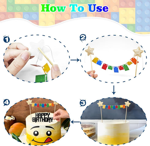 Building Blocks Cake Topper, 3D Print Character Face Design Star Flag Banners Bunting Banner Party Supplies for Boys