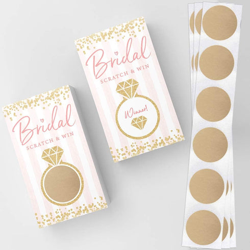 Printed Party Bridal Shower Games - 30 Scratch Off Raffle Cards & Stickers, Fun Pink and Gold Design