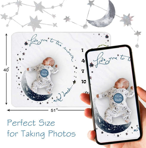 12 51''x40'' Moon Baby Monthly Milestone Blanket - Boy & Girl, Soft Plush Photo Prop, Wreath & Stickers, Large
