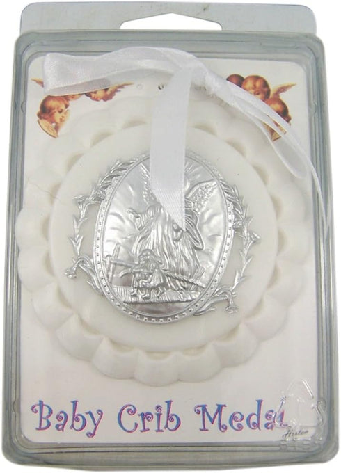 3 1/2 Inch Moulded Acrylic White Crib Medal with Guardian Angel for Baby Nursery Decor