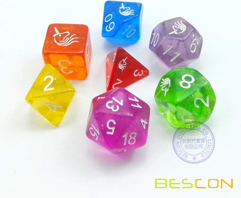 Bescon Colorful Unicorns Rainbow Sparkled Polyhedral D&D Dice Set of 7 RPG Role Playing Game