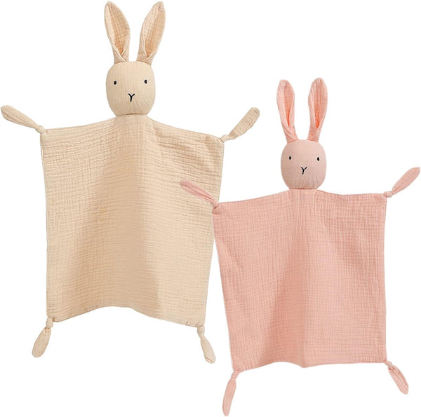 insular Bunny Lovey Blanket - Organic Cotton Muslin Security Blanket for Babies, 2 Pcs Set (Khaki & Pink)