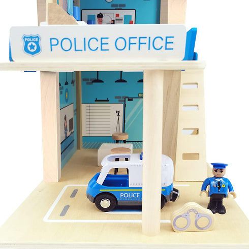 Wooden Police Station Playset Toy, Multicolor 3-Level Pretend Play Dollhouse Set with Figures